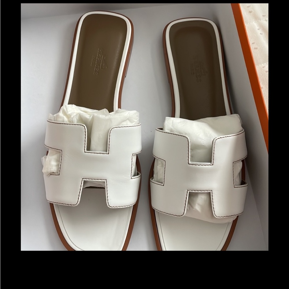 Hermes Oran white slippers